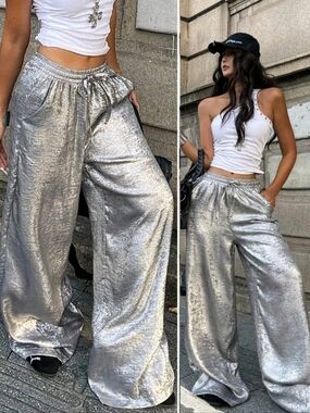 Metallic Silver Wide-Leg Lounge Pants - Women
